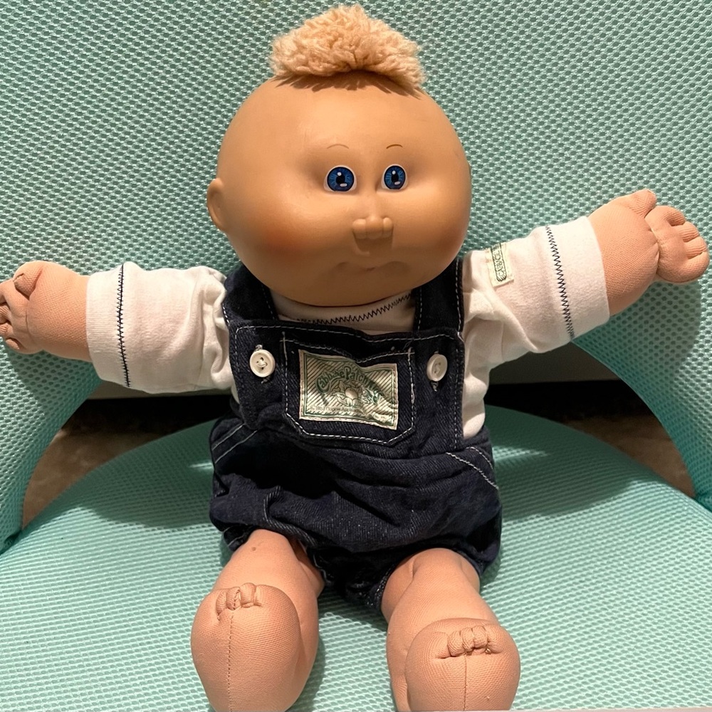 Cabbage Patch Style Baby Doll in Navy Overalls and White Shirt